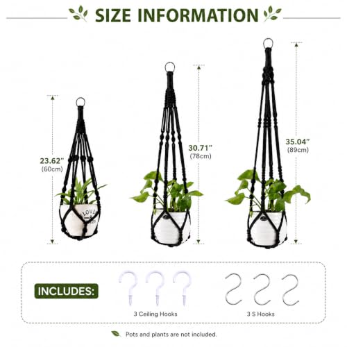 3-Pack Macrame Plant Hanger Indoor - Hanging Planter Basket for Indoor Outdoor - Decorative Boho Plant Holders Set with Beads - Ceiling Flower Pot Holder with 6 Hooks - 35"/30"/24" Black - color: Black