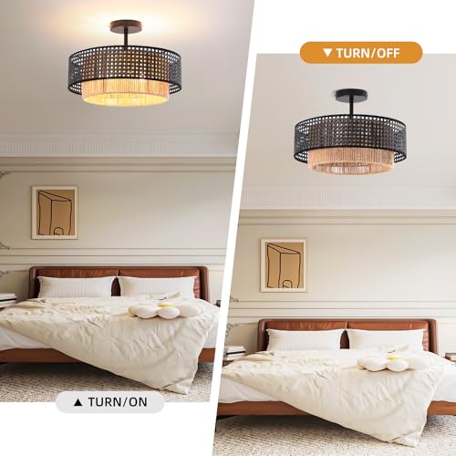 15.7-inch semi-recessed Ceiling Light with a Double-Drum Bohemian Rattan Woven Pendant, Suitable for bedrooms, Living Rooms, Dining Rooms, porches, and Kitchens. - color: 15.7'' Rattan&Hemp rope Black