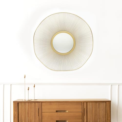 Gold Round Mirror 31 Inch with Sunburst Design - Large Circle Brass for Bathroom, Bedroom, Living Room, Hallway Decor, Hanging Big Golden Circular Mirror