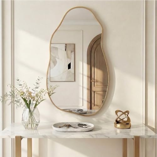 Asymmetrical Wall Mirror 36"x20", Large Irregular Wavy Mirror for Bathroom Vanity, Matte Gold Rust Proof Aluminum Frame, Tempered Glass Horizontal or Vertical Hanging for Living Room Decor - color: Gold, size: 36"L x 20"W