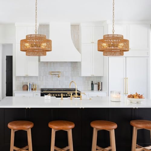 17.8" Boho Rattan Chandelier Light Fixture, 4-Light Golden Hand Woven Pendant Light Fixture Farmhouse Rustic Wicker Chandeliers for Kitchen, Bedroom, Dining Room, Living Room, Hallway, Foyer - color: Gold 17.8"