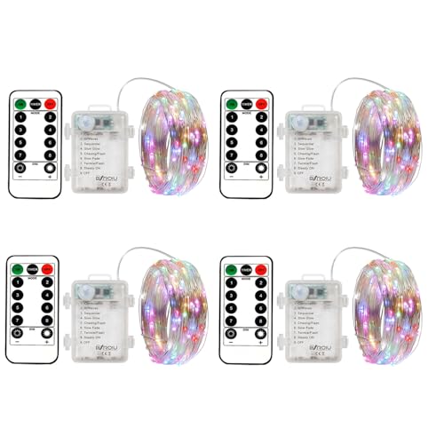 BXROIU 4 x Fairy Lights Battery Operated 8 Lighting Modes,50LEDs,16.4Ft/5 Meters Silver Wire String Lights,Timer Function,and Remote Control.for Christmas,Party,Wedding,Decorative Lighting - color: 4Pack(3AAA,not included)Multicolor