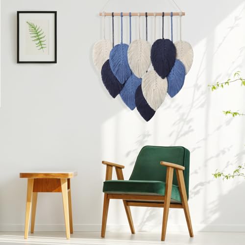 Weldomcor Macrame Wall Hanging Leaves Chic Woven Leaf Tassels Decoration Cotton Ornaments Tapestry Room Decor Modern Bohemian Handmade Feather Wall Art Decorations for Apartment Backdrop (Navy Blue) - color: Navy Blue