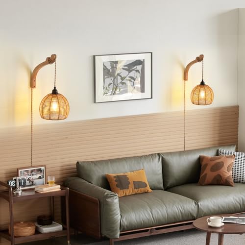 Plug in Wall Sconce,Farmhouse Wicker Wall Lamp Plug in,Hand Woven Rattan Wall Light Farmhouse Rustic Boho Sconces Wall Lighting for Living Room Bedroom - color: 7.87IN Rattan, size: 1 PACK