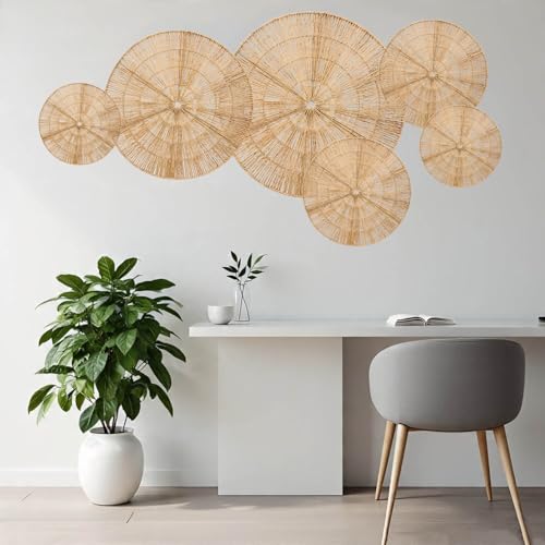 Laquedecraft Boho Wicker Rattan Plate Basket Set For Décor Hanging Wall | Large Woven Farmhouse Rustic Bohemian Art Baket Hangings For Decorative Home, Bedroom, Living Room, Kitchen, Bathroom (Classic, Natural, Set of 6) - size: Set of 6, style: Classic