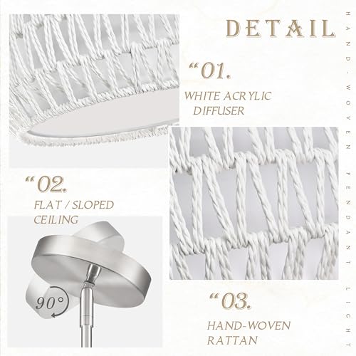 12.6 inch White Rattan Light Fixture Rattan Farmhouse Light Fixture Hand-Woven Pendant Lights Fabric Shade Boho Chandelier for Kitchen Dinning Room (Bulb Incl.) - color: 12.6"-White-Drum