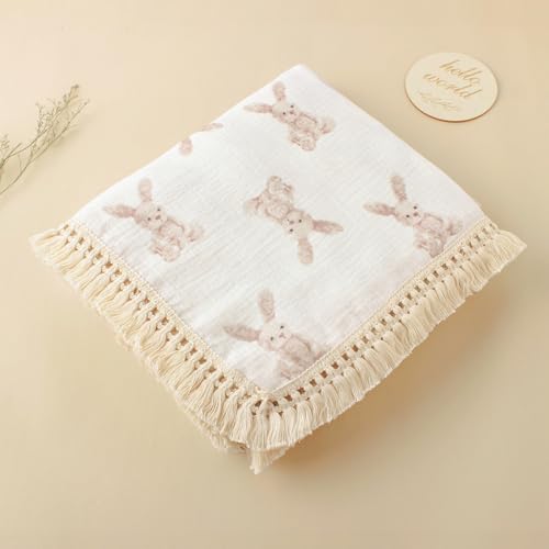 Little Jump Cotton Muslin Swaddle Blankets with Tassel, Boho Bohimia Muslin Baby Blanket Neutral with Fringe, Vintage Teddy Bear Nursery Decor Muslin Throw Blanket 47" x40" (Bunny) - color: Bunny