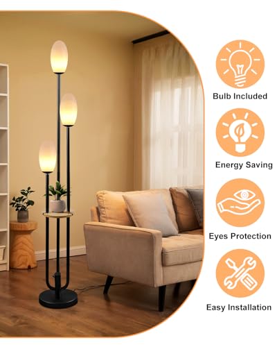 Black Dimmable Floor Lamp with Table, Unique Tall Standing Lamps with 3000K G9 Bulbs for Reading, Mid Century Modern Floor Lamp with 5Lbs Heavy Base for Living Room Bedroom Office - color: 3 Cylinder-Black