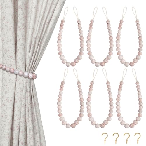 Hion 6 Pcs Boho Curtain Tiebacks,Wood Beads Curtain Holdbacks,Outdoor Farmhouse Tie Backs for Curtains,Curtain Holders for Drapes Home Office Decor with Hooks(White Washed) - color: White Washed, size: 6 Pack