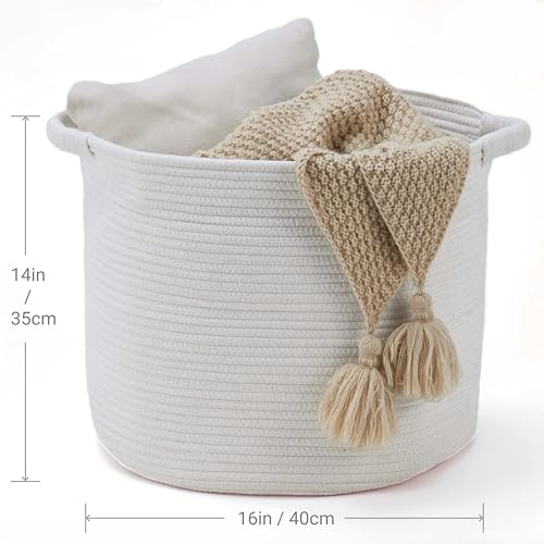 Blanket Basket (16" Dx14 H) - Round Woven Rope Storage for Living Room Throws, Pillows & Laundry- White - color: White, size: 16" X 16" X 14"
