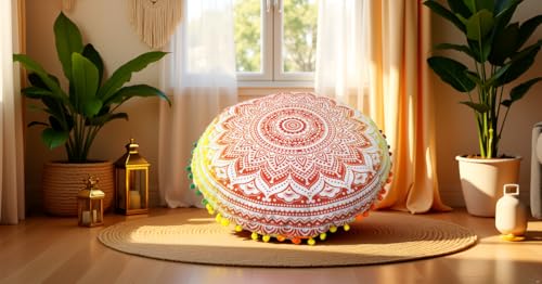 Round Mandala Floor Pillow Cover Seating Cushion Throw Cover Hippie Decorative Bohemian Ottoman Pouf Cover, Pom Pom Pillow Cases,Boho Indian 32 Inches Orange Ombre - color: Orange/Yellow, size: 32" Round