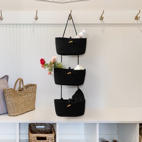 TeoKJ Over the Door Hanging Baskets with Button Strap, 3-Tier Woven Cotton Storage Organizer Bag, Wall-Mounted with Hook Decorative Hanging Nursery Baskets - Black - color: Black, style: 3 tier+Button