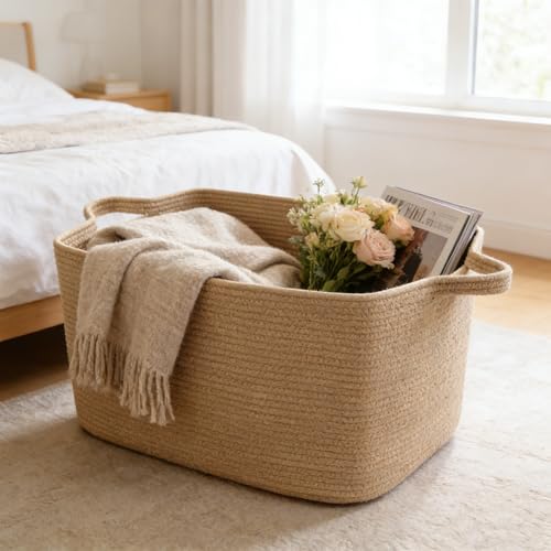 96L Large Blanket Basket,24"x16"x15"Rectangle Storage Bin with Handles,Woven Rope Laundry Basket for Toys, Clothes,Magazines,Home Organization,Nursery,Living Room & Bedroom,Jute - color: Jute, size: 24"x16"x15"(96L)