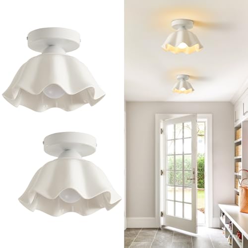 2 Pack Semi Flush Mount Ceiling Light - Flower Glaze Ceramic, White Vintage Hallway Light Fixtures, Milk Glass Ceiling Lights, Mid Century Small Light Fixture for Cottage Entryway Laundry Room Foyer - color: Glaze Flower Ceramic-White