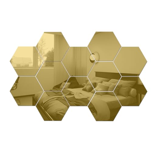 Mirror Wall Stickers - 12PCS Hexagon Art DIY Decorative Acrylic Sheet Plastic Tiles Home Living Room Bedroom Sofa TV Background Decal Decoration - color: Gold