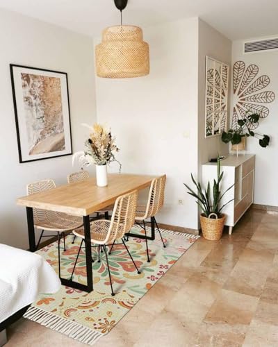 Beige Boho Bathroom Rug 2' x 3', Retro Ethnic Shabby Colorful Floral Patterned Low Profile Front Entryway Rug with Tassels, Woven Cotton Washable Kitchen Mat Carpet for Foyer Bedroom Back Door Decor - color: Multicolor Linen, size: 2' x 3' (Rectangular)