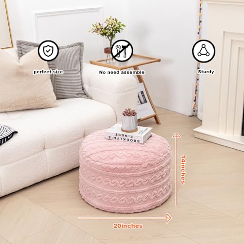 Round Plush Ottoman Pouf Stuffed– Fluffy Ottoman Foot Rest with Modern Foam Filler 20" x 14" Cozy Floor Pouf for Living Room & Bedroom - color: Pink