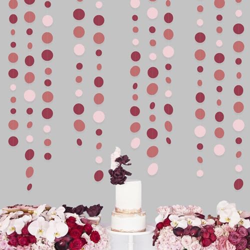 Burgundy Dusty Pink Decorations Circle Dot Garland Maroon Pink Hanging Polka Dot Streamer Banner for Wedding Birthday Bridal Shower Engagement Baby Shower Graduation Anniversary Garnet Party Supplies - color: Dusty Pink Maroon