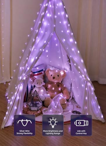 Brightown 300 LED Purple Fairy Curtain Lights, 9.8ft x 9.8ft String Lights, USB Plug in 8 Lighting Modes Christmas String Hanging Lights with Remote for Bedroom Indoor Outdoor Party Xmas Purple 1 Pack - color: Purple, size: 1 Pack-300 LED-USB Plug