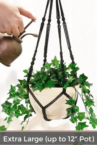 43 Inches Macrame Planter Hanger Large for 12 inch Pot + Swag Hook (Extra Long & Big) | Large Hanging Planter for Indoor Plants | No Tassel, Cotton Rope, NO Pot/Plant Included (Black)(XL) - color: Black
