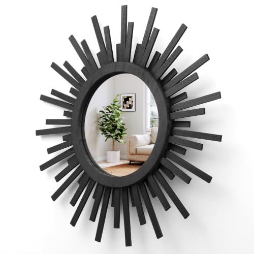 24 Inch Boho Sunburst Mirror, Round Wooden Wall Decor Starburst Sun Mirror for Bedroom, Living Room, Bathroom, Hallway, Balcony, Farmhouse Entryway, Housewarming Gift（Black - color: Black, size: 24"L x 24"W