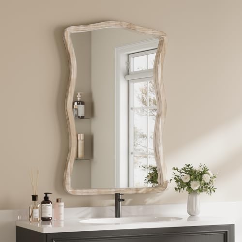 ULIKE Wavy Wall Mirror for Bathroom, 24x36 Wood Frame Mirror for Over Sink, Rustic Wall Mirrors Decorative and Vanity Mirrors for Bedroom Living Room Entryway, White - color: Rectangular Rustic White