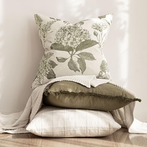 Foindtower Set of 2 Linen Floral Throw Pillow Covers Vintage Accent Print Decorative Cushion Covers Farmhouse Boho Home Decor for Sofa Chair Couch Bedroom Living Room,20×20 Inch,Sage Green - color: Cedar Green, size: 20" x 20" (Pack of 2)