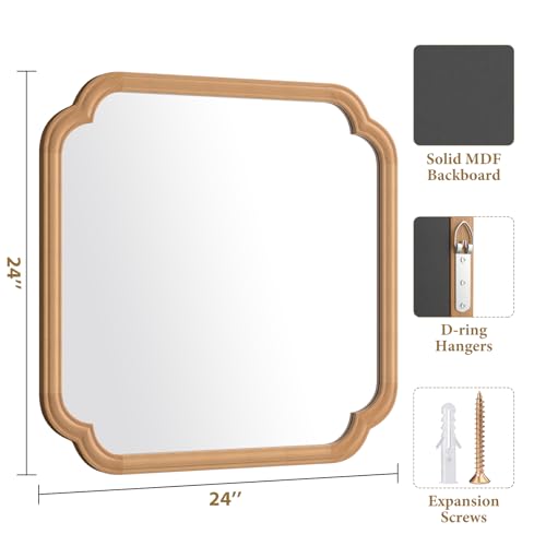 Ferytane Square Natural Wood Mirror 24X24 Inch,Wood Mirror for Bathroom Over Sink Rounded Corner Wooden Framed Mirror for Vanity, Entryway, Living Room Farmhouse, Tempered Glass (Natural Beech Wood) - color: Natural Wood, size: 24"L x 24"W
