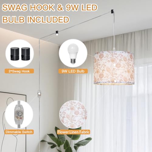 CINSARY Pendant Light with Flower Fabric Shade, Pendant Lights Kitchen Island with Dimmable Switch, Hanging Lamp with 15 ft Clear Cord, Hanging Lamp for Bedroom Dining Room Living Room (Bulb Included) - color: Flower-1