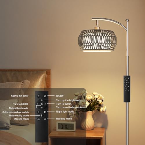 Ambimall Arc Floor Lamp for Living Room with Remote, Color Temperature & Brightness Adjustable, Bohemia Standing Lamp with Rattan & Fabric Double Drum Shades, Bulb Included(Deep Gray) - color: Deep Gray Bohemian