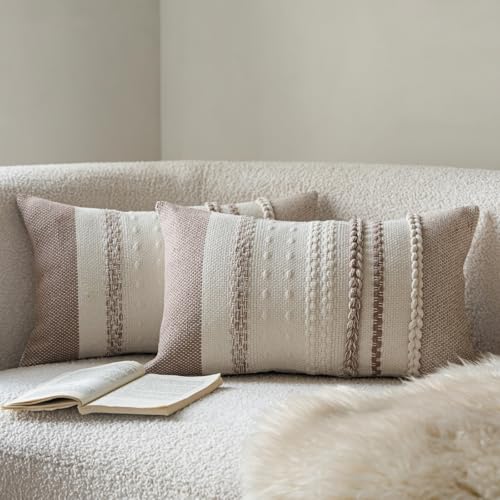 Cethom Boho Throw Pillow Covers 12x20 Inch Set of 2, Khaki Textured Decorative Couch Pillow Cases for Farmhouse Home Decor, Accent Cushion Cover for Sofa, Bed, Living Room, Bedroom - color: Khaki, size: 20" x 12" (Pack of 2)