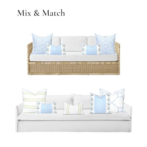 Hofdeco Premium Grandmillennial Coastal Hampton Patio Indoor Outdoor Lumbar Pillow Cover Only, 12"x20" Water Repellent for Backyard, Couch, Poolside, Blue Green Block Print Striped Lily of the Valley - color: Baby Blue Green Block Print Striped Lily of th