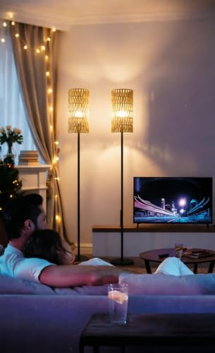 Ruiever 2 Pack Smart Floor Lamp for Living Room,Gaming - Remote, Timer Floor lamp with Remote, APP Control & RGB Standing lamp with Hand-Worked Rattan Shade Bluetooth Bulb Included - style: 2PACK Round Rattan-RGB Bulb