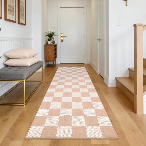 GarveeHome Checkered Blush Beige Neutral 2x6 Washable Kitchen Runner Rug Geometric Modern Soft Low-Pile Stain Resistant Rug for Bedroom Hallway Entryway Nursery Non-Slip TPE Backing - color: Blush Beige, size: 2' x 6' (Rectangular)