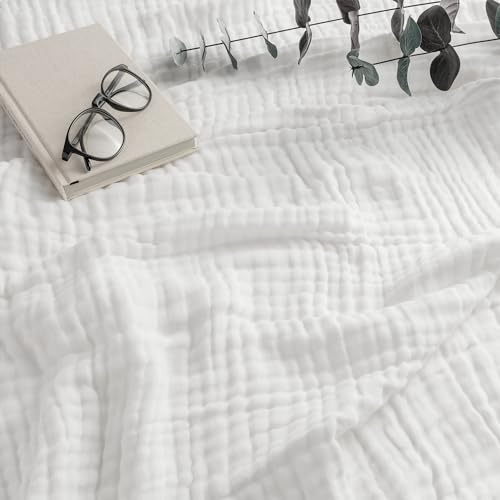 Comfy Cubs Muslin Throw Blanket - 50” x 60” Quilted Design - Lightweight, Breathable 6-Layer Gauze Fabric - Soft Cotton Blanket for Home or Travel - Packaged in Elegant Gift Box - White - color: White, size: Throw - 50" X 60"