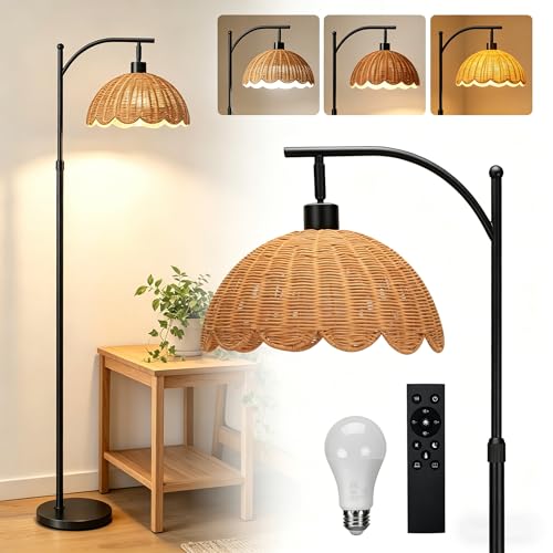 Arc Floor Lamp for Living Room, Boho Floor Lamps with Hand-Woven Rattan Flower Shade, Farmhouse Standing Lamp with Remote & 3 Color Temp Bulb, Height Adjustable Tall Lamp for Bedroom Office Corner - color: Black