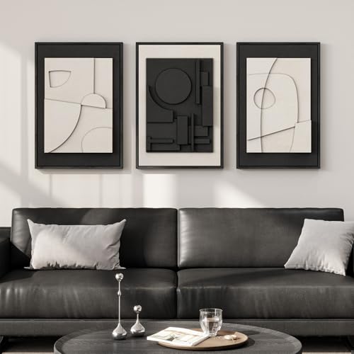 3D Textured Framed Black and White Abstract Wall Art for Bedroom, 3 Piece Modern Paintings Artwork for Walls, Minimalist Black White Geometric Pictures for Living Room, Dining Room Wall Decor 16x24 In - color: Black and White --A, size: 16"w X 24"h X 3pcs