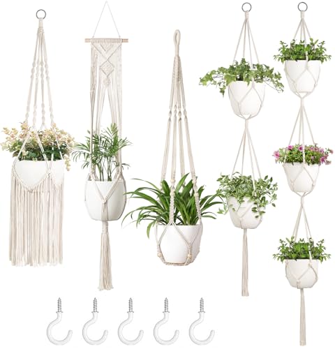 Mkono Macrame Plant Hangers, 5 Pack Different Tiers Indoor Hanging Planters Basket with 5 Hooks Decorative Flower Pots Holder Stand Boho Home Decor, Ivory - color: Ivory