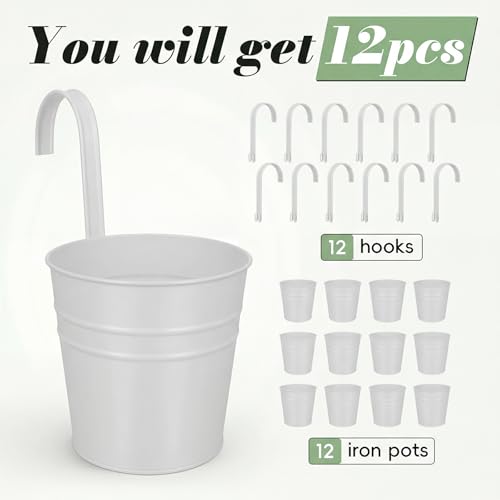 HowRU Hanging Flower Pots, Railing Planter Box for Outdoor Plants 12 Pack 5 Inch Metal Hanging Planters with Detachable Hooks Balcony Window Fence Garden Decoration Flower Boxes, White - color: White(5in)