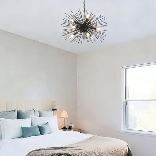 24in Black Sputnik Chandelier Light Fixture Over Table Modern 9-Lights Starburst Chandelier Solid Metal Satellite Sputnik Light Fixture for Dining Room, Kitchen Island, Bedroom,Foyer,Entryway - color: Black 24" 9-Light