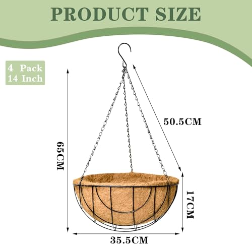 EIMQUVW Outdoor Metal Hanging Planters Basket (4pack, 14 inch) Hanging Baskets for Plants Chain Round Wire Plant Holder with Coco Fiber Liners for Garden, Patio, Deck, Porch(Grid)