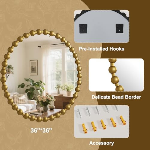 Easly Round Mirror for Wall, 36 Inch Gold Beaded Frame Decorative Vanity Mirror, Circle Bathroom Mirror with High-Definition Lense, Modern Wall Decor for Bathroom, Living Room, Bedroom, Entryway - color: Gold, size: 36"L x 36"W