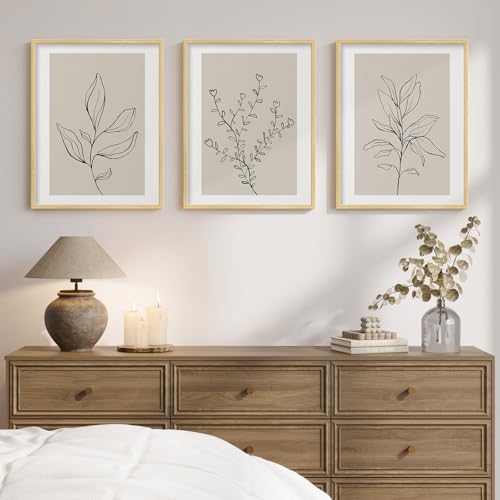 Framed Botanical Line Bedroom Wall Art, 3 Piece Neutral Leaf Print for Room Wall Decor, Minimalist Beige Plant Artwork for Walls, Botanical Picture for Living Room Guest Room Hallway Decor, 12x16 Inch - color: Neutral Beige