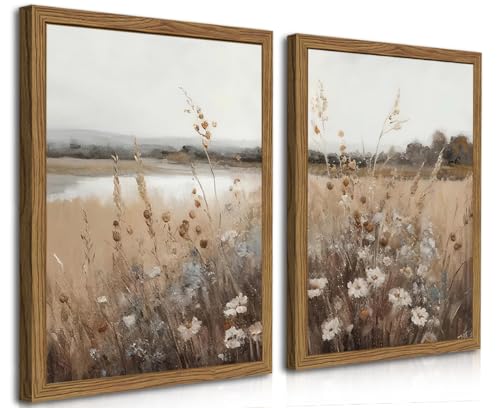 Wood Frame Vintage Wall Art Set of 2, Retro Farmhouse Wildflower Wall Decor Paintings Art Pictures, Country Floral Field Landscape Canvas Posters Prints for Bedroom Bathroom 12x16In Framed - color: Brown Vintage, size: 16L" x 12W"
