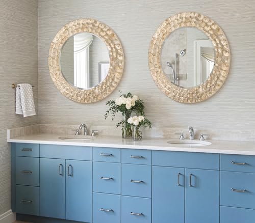 Round Shell Wall Mirror, 30'' Handmade Natural Capiz Shell Gold Framed Decorative Wall Mount Mirrors, Coastal Boho Circular Accent Mirror for Bathroom Bedroom Entryway Home Wall Decor - color: Gold, size: 30"L x 30"W
