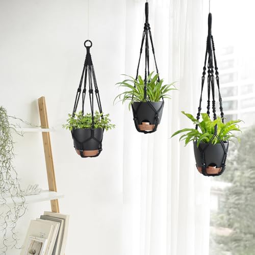 Mkono Hanging Planters, Macrame Plant Hangers with Self Watering Plant Pots Indoor Set of 3 Hanging Baskets Flower Pot Holders with Hooks No Tassels 3 Different Size for Boho Home Decor - color: Black