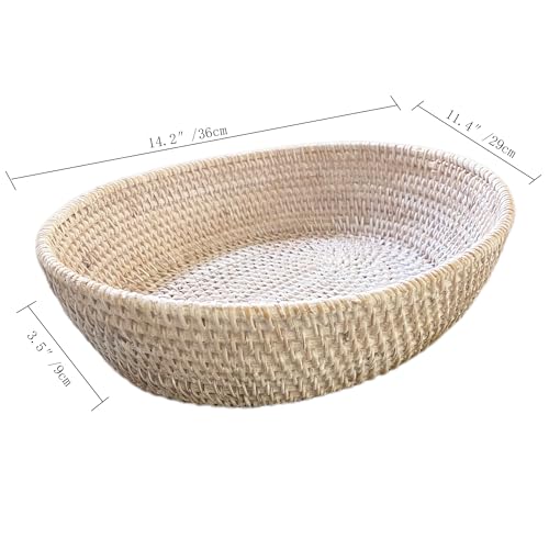 amololo14" Oval White Rattan Fruit Serving Basket,Table Décor Wicker Bread Serving Basket Tray with High Wall,Large Rattan Dining Table Centerpiece Bowl for Various Things,Bread,Snack,Odds and Ends - color: Wash White(14.2"x11.5"x3.5")