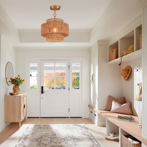 12.6" Rattan Pendant Light, Hand-Woven Boho Farmhouse Hanging Light Fixture, Mini Drum Wicker Rattan Chandelier for Kitchen Island, Bedroom, Dining Room, Entryway - color: Gold 12.6"