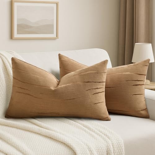 HAUSSY 2 Pack Lumbar Pillow Covers 12x20 Inch, Boho Embossed Decorative Throw Pillows Soft Striped Textured Cushion Covers Home Decor Morden Pillowcase for Couch Living Room Sofa Bed, Bronze Brown - color: Bronze, size: 20" x 12" (Pack of 2)