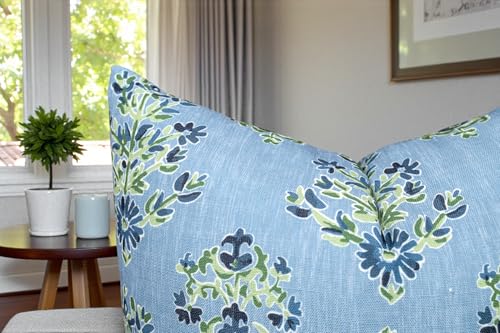 VAGMINE Coastal Block Print 20x20 Inch Throw Pillow Cover - Chambray Blue Buti Motif Pattern on Textured Polyester - Cushion Case for Couch Sofa - Chaman Floral - color: Chaman Floral, size: 20" x 20" (Pack of 1)